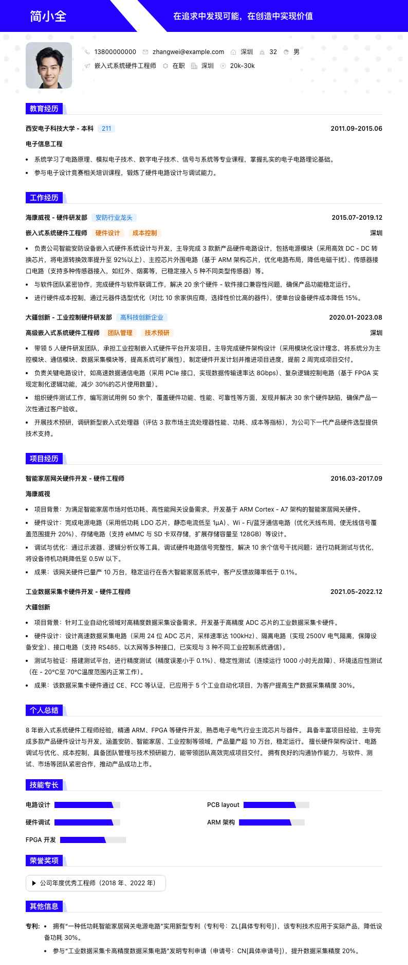 嵌入式系统硬件工程师简历模板