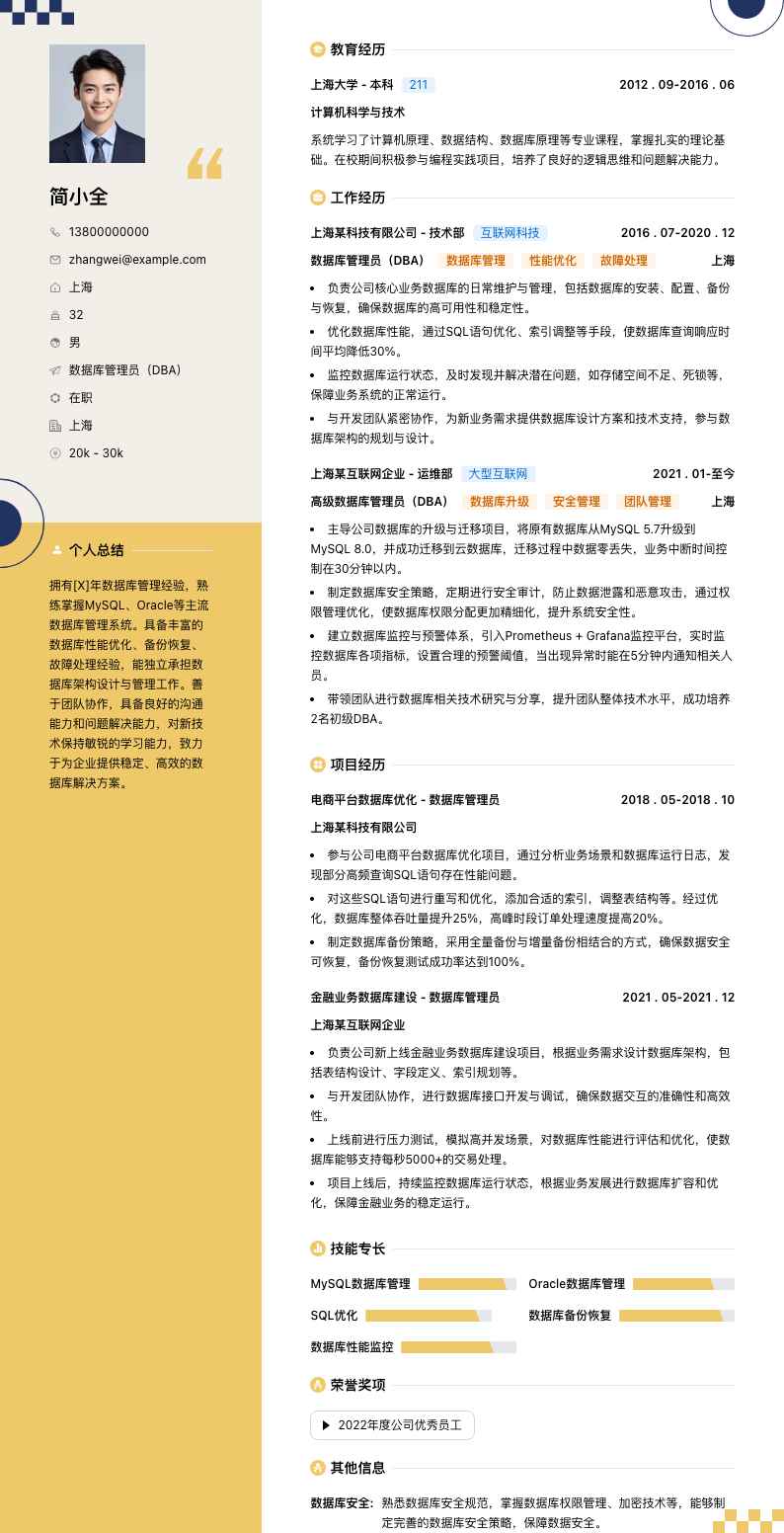 数据库管理员（DBA）简历模板