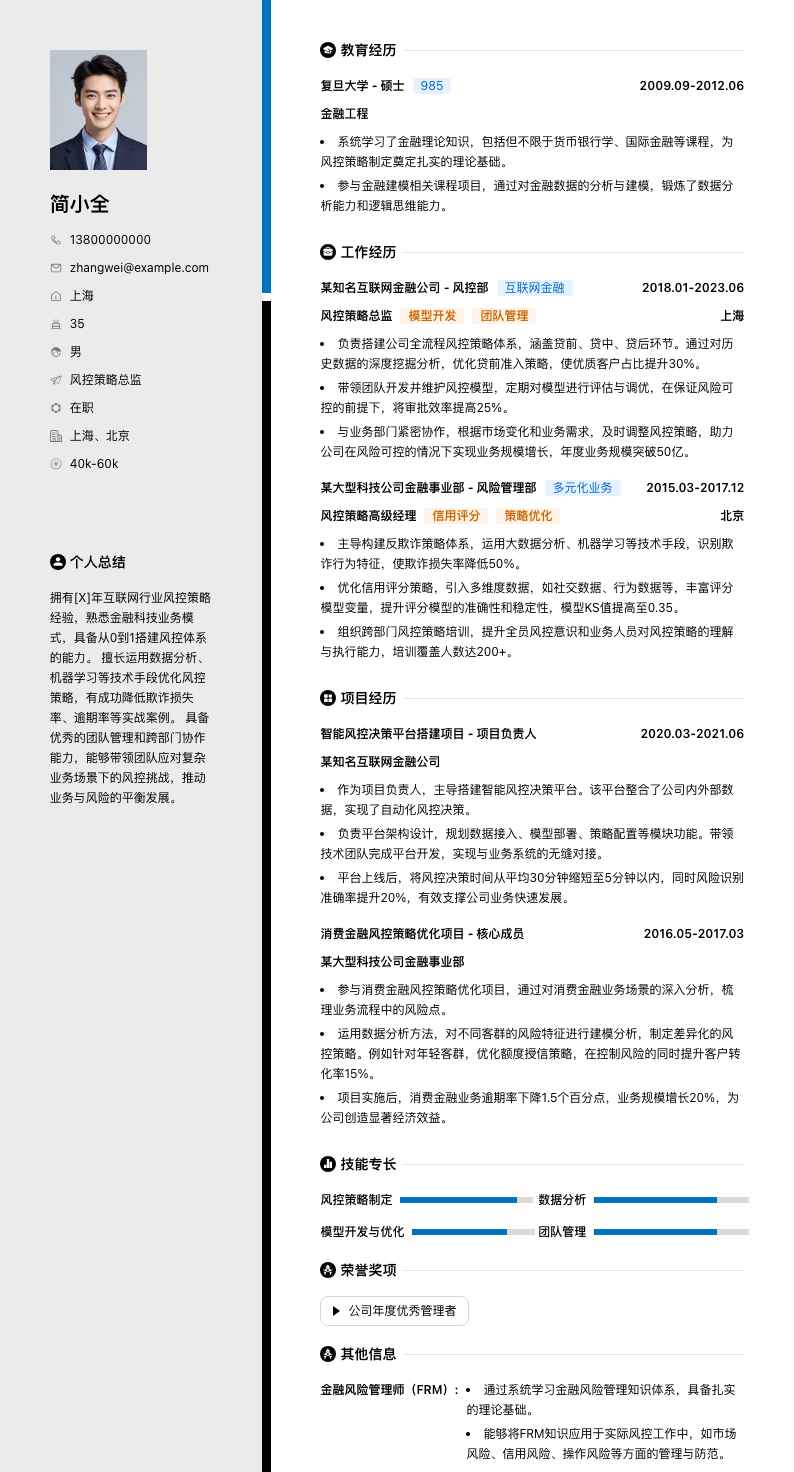 风控策略总监简历模板