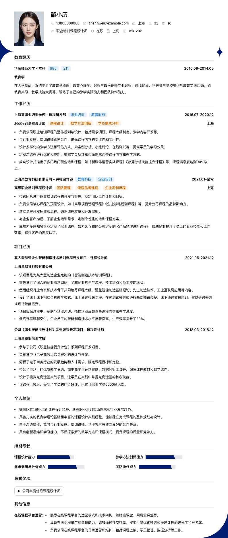 职业培训课程设计师简历模板