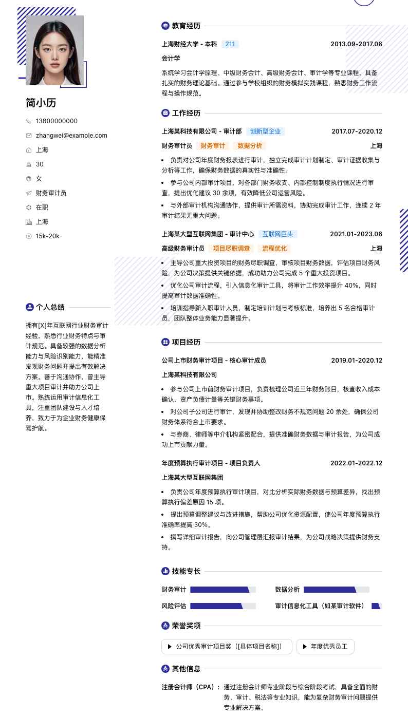 财务审计员简历模板