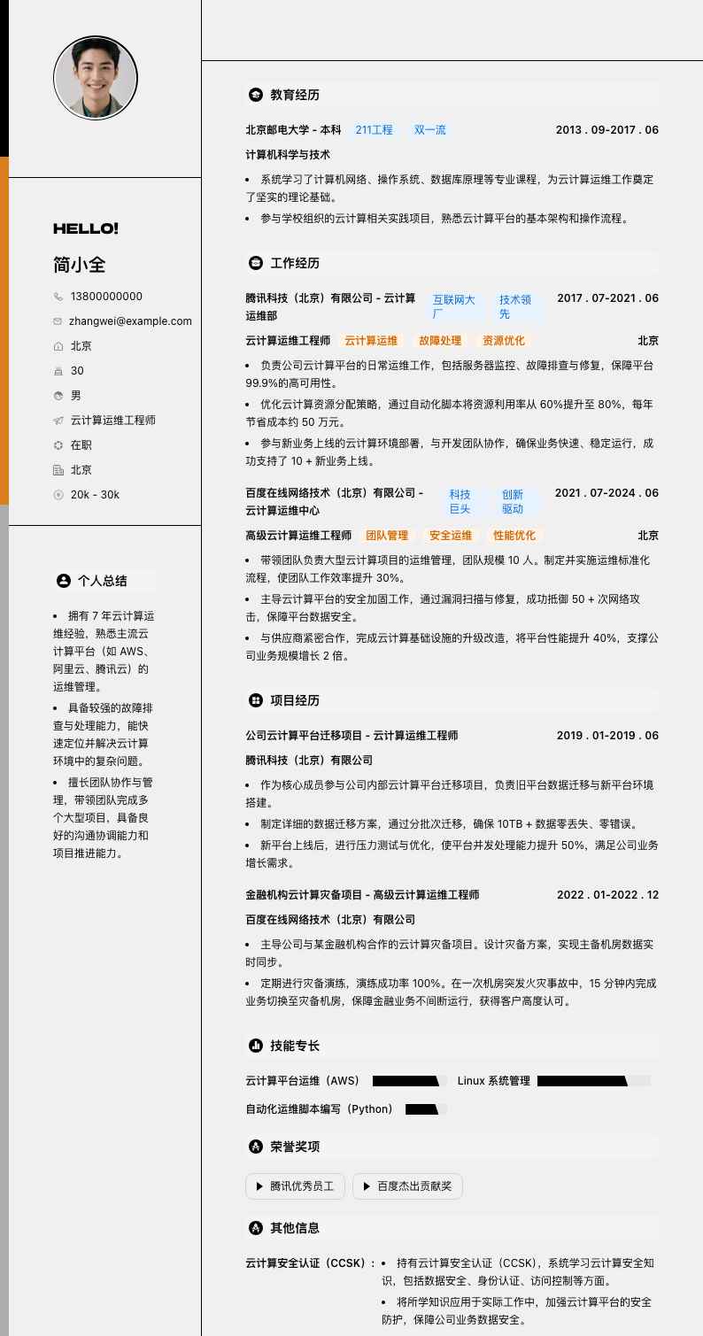 云计算运维工程师简历模板