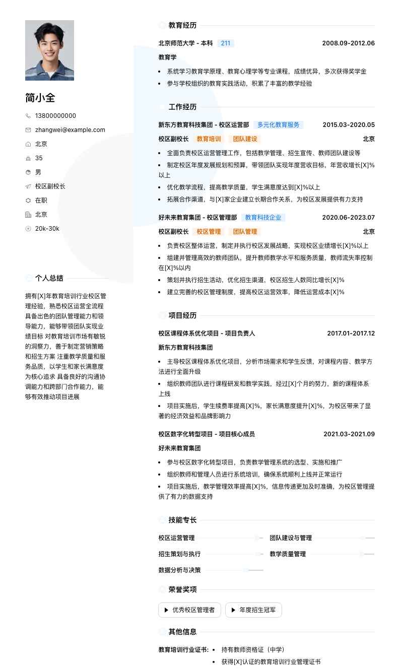 校区副校长简历模板