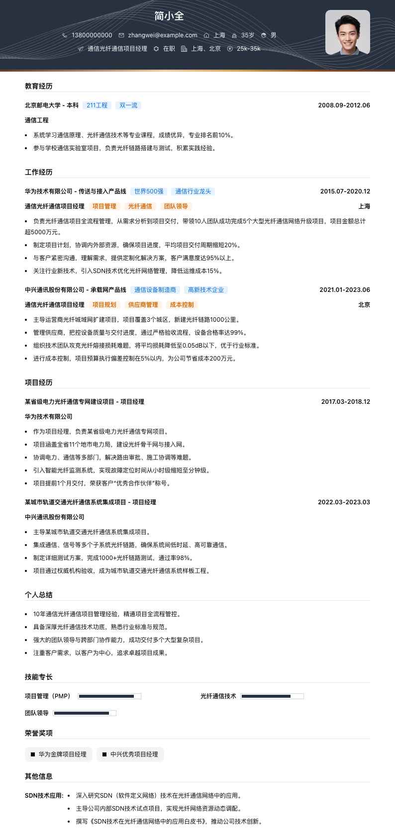 通信光纤通信项目经理简历模板