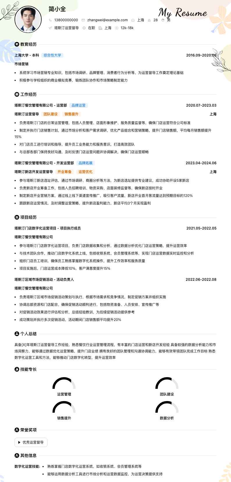 塔斯汀运营督导简历模板