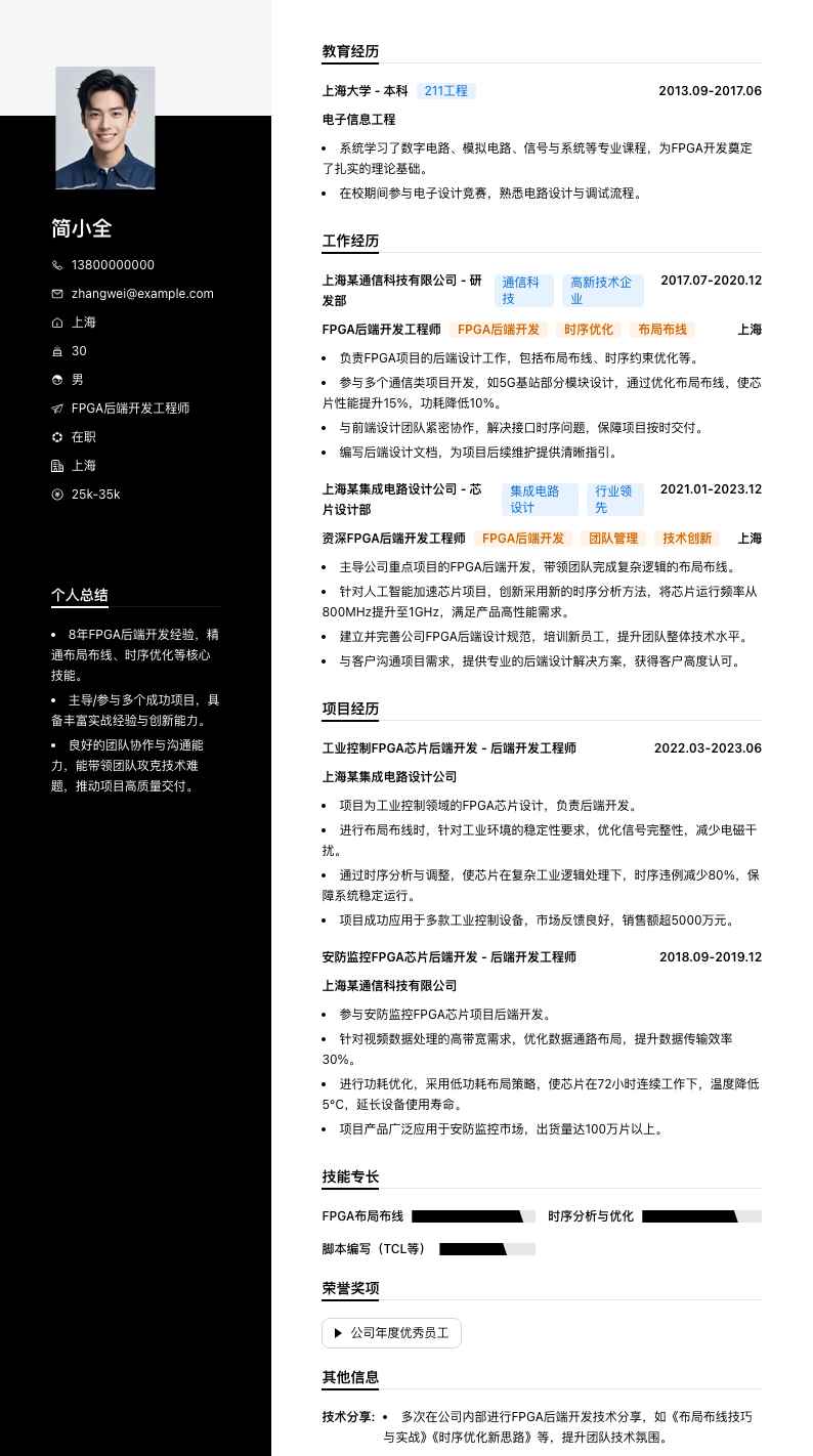 FPGA 后端开发工程师简历模板