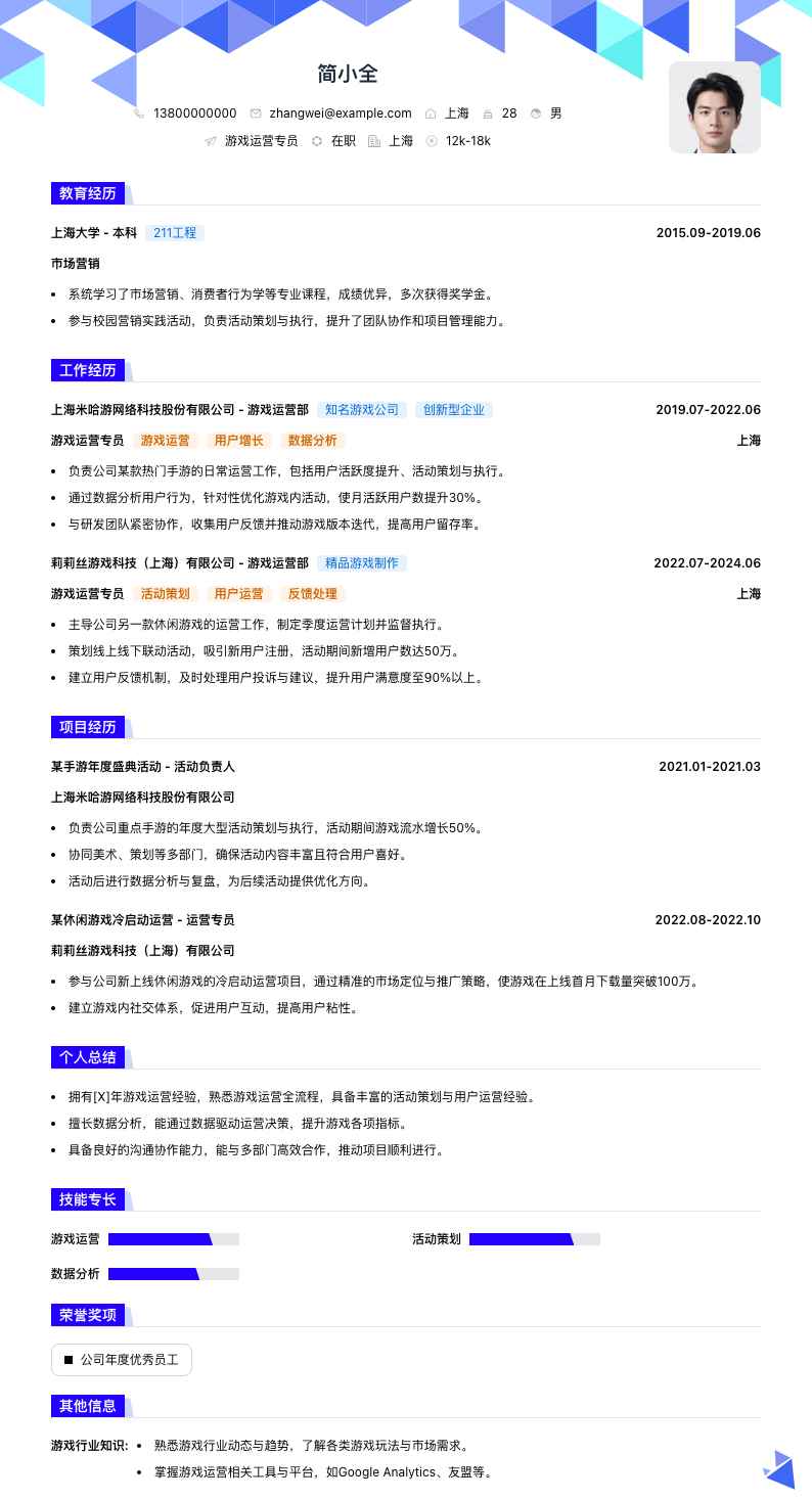 游戏运营专员简历模板