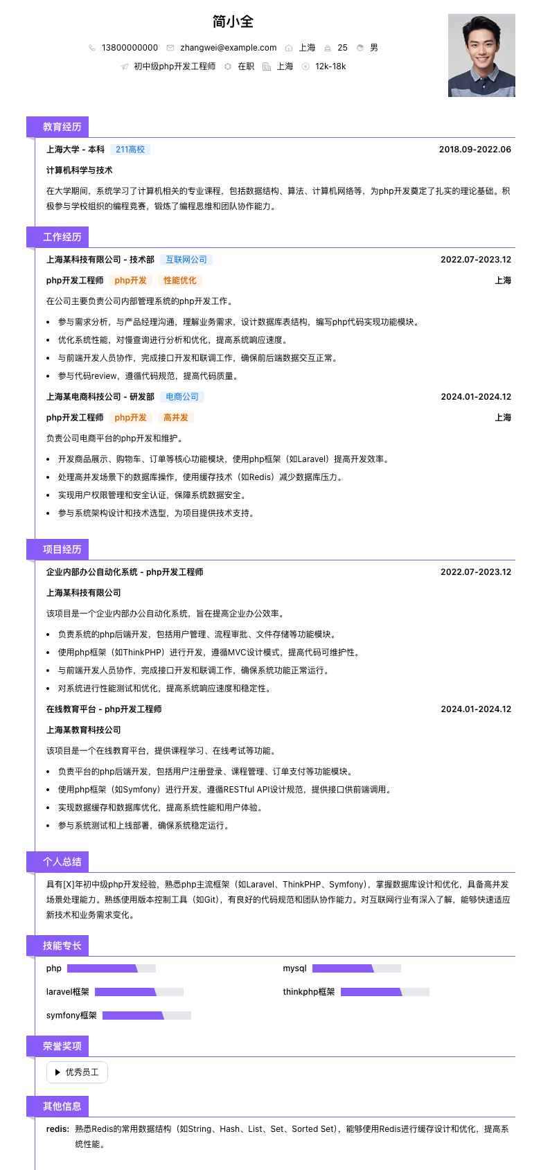 初中级php开发工程师简历模板