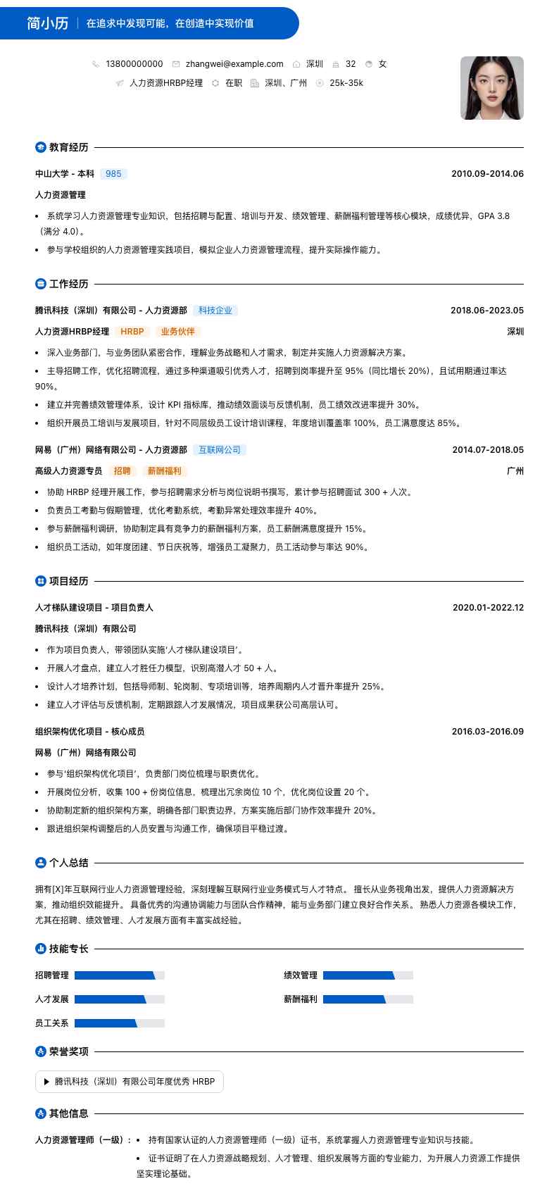 人力资源hrbp经理简历模板