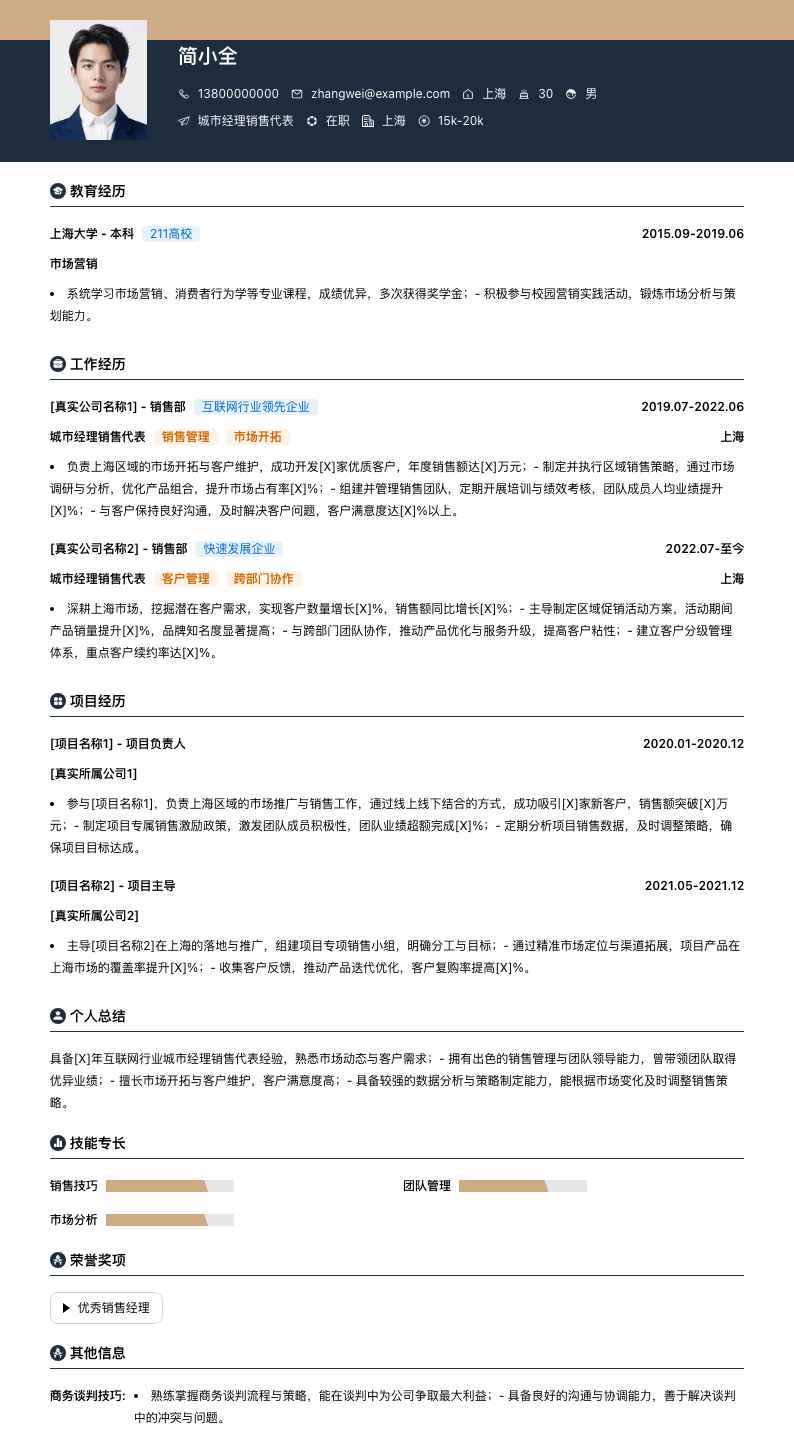 城市经理销售代表简历模板