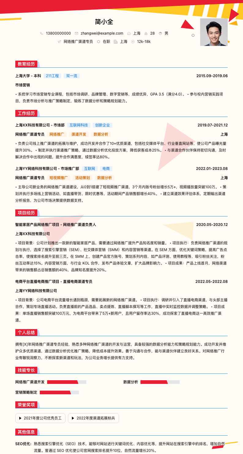 网络推广渠道专员简历模板