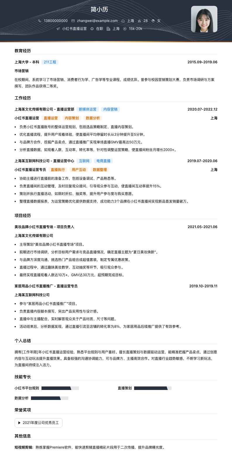 小红书直播运营简历模板