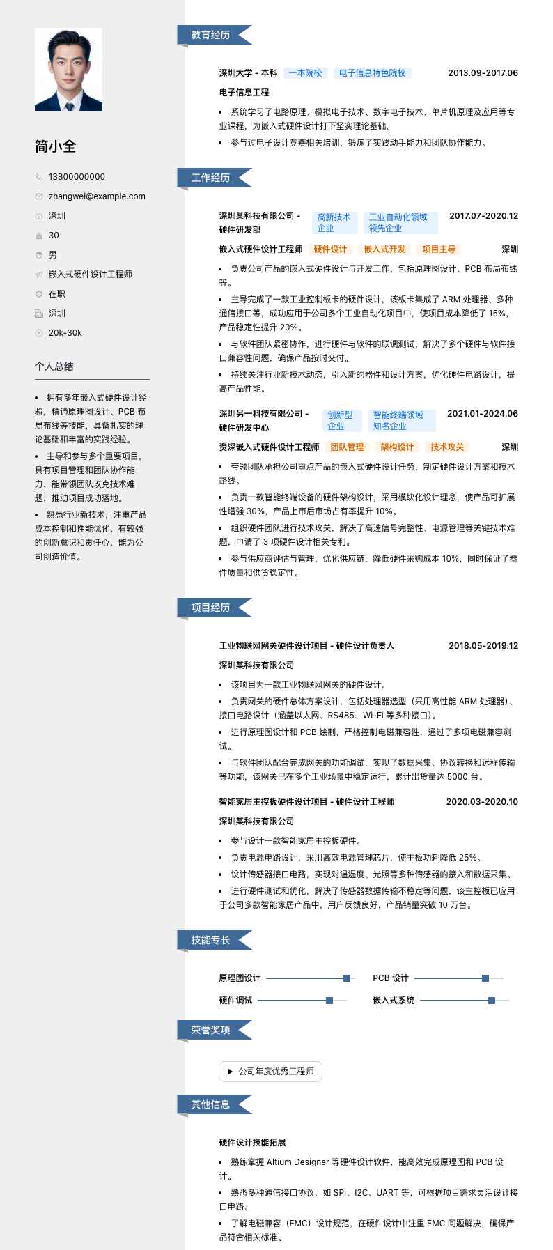 嵌入式硬件设计工程师简历模板