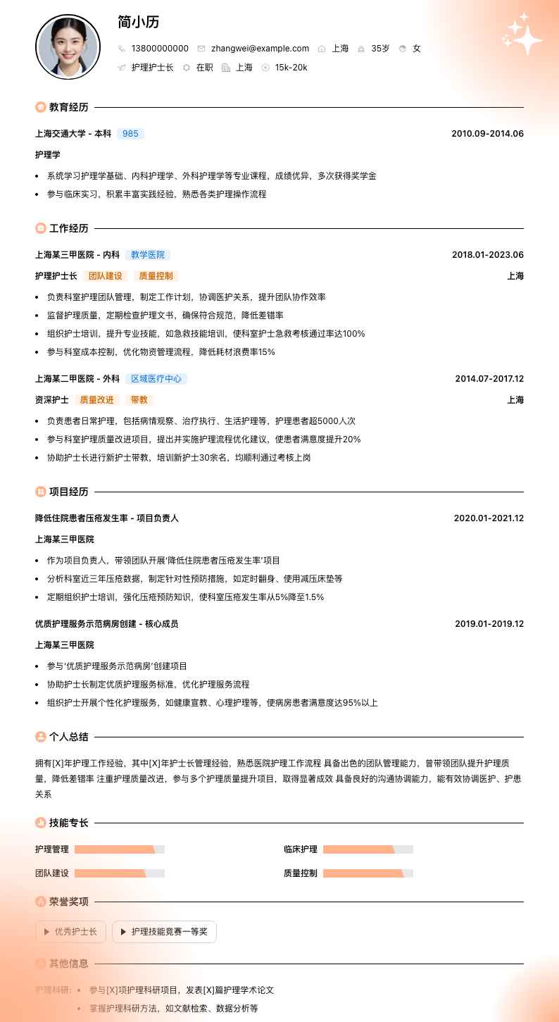 护理护士长简历模板