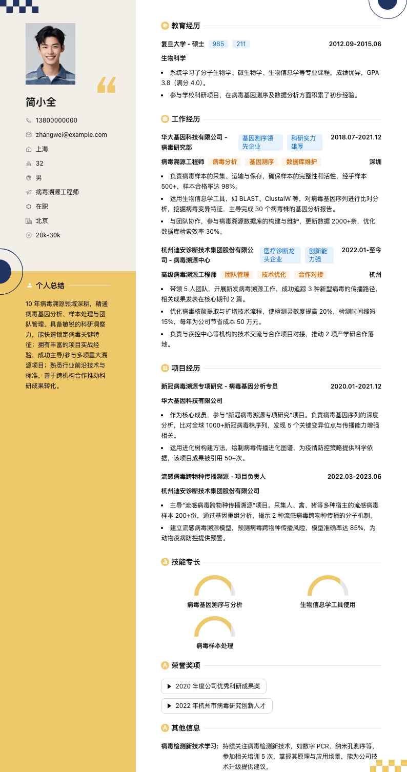 病毒溯源工程师简历模板