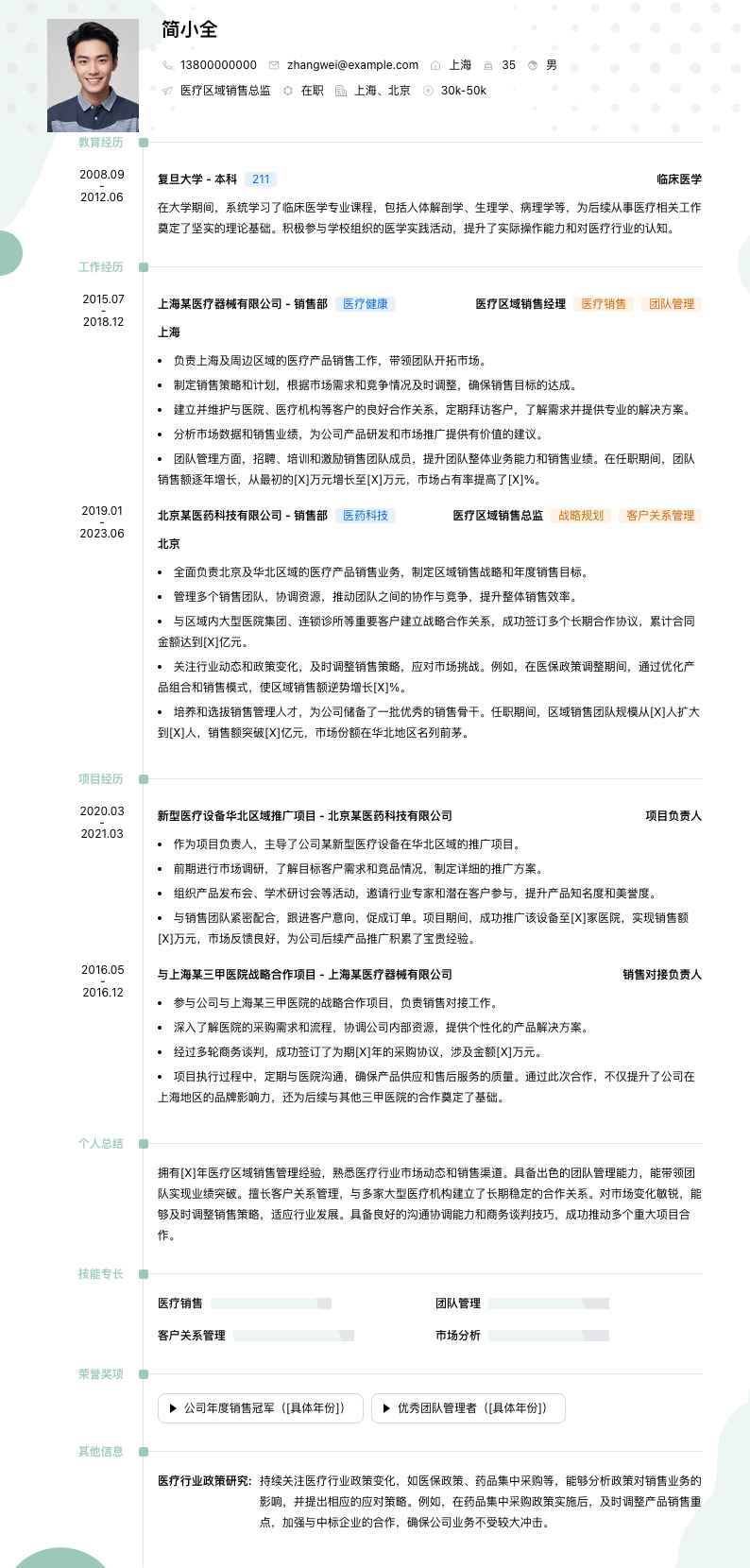 医疗区域销售总监简历模板
