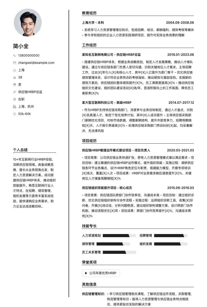 供应链hrbp总监简历模板