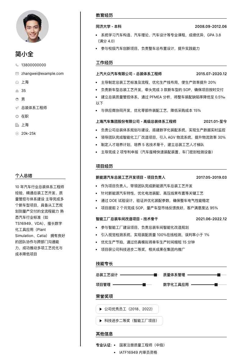 总装体系工程师简历模板