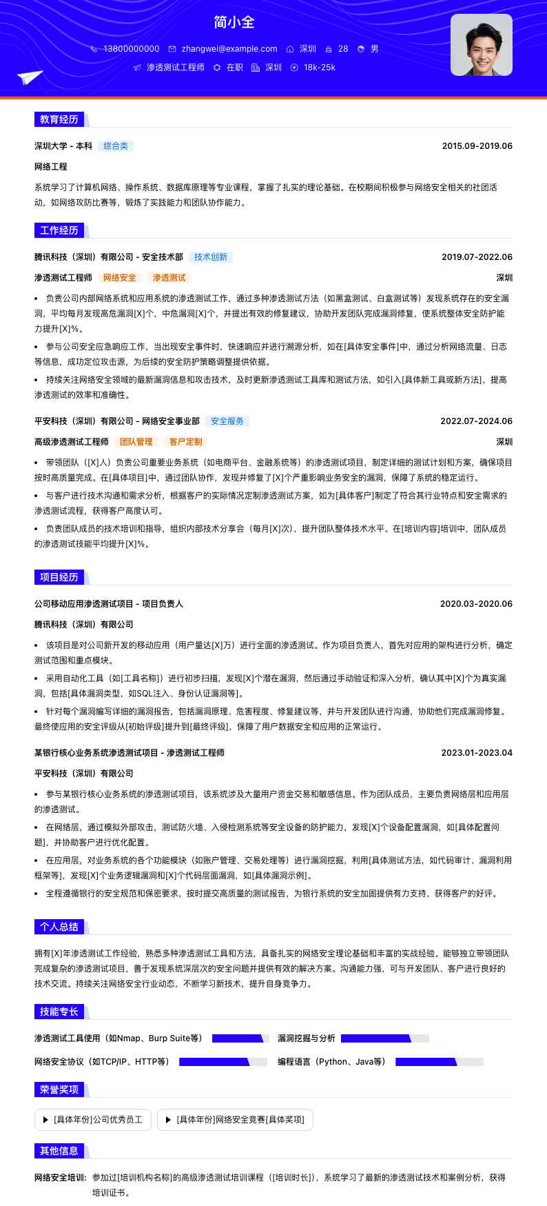 渗透测试工程师简历模板