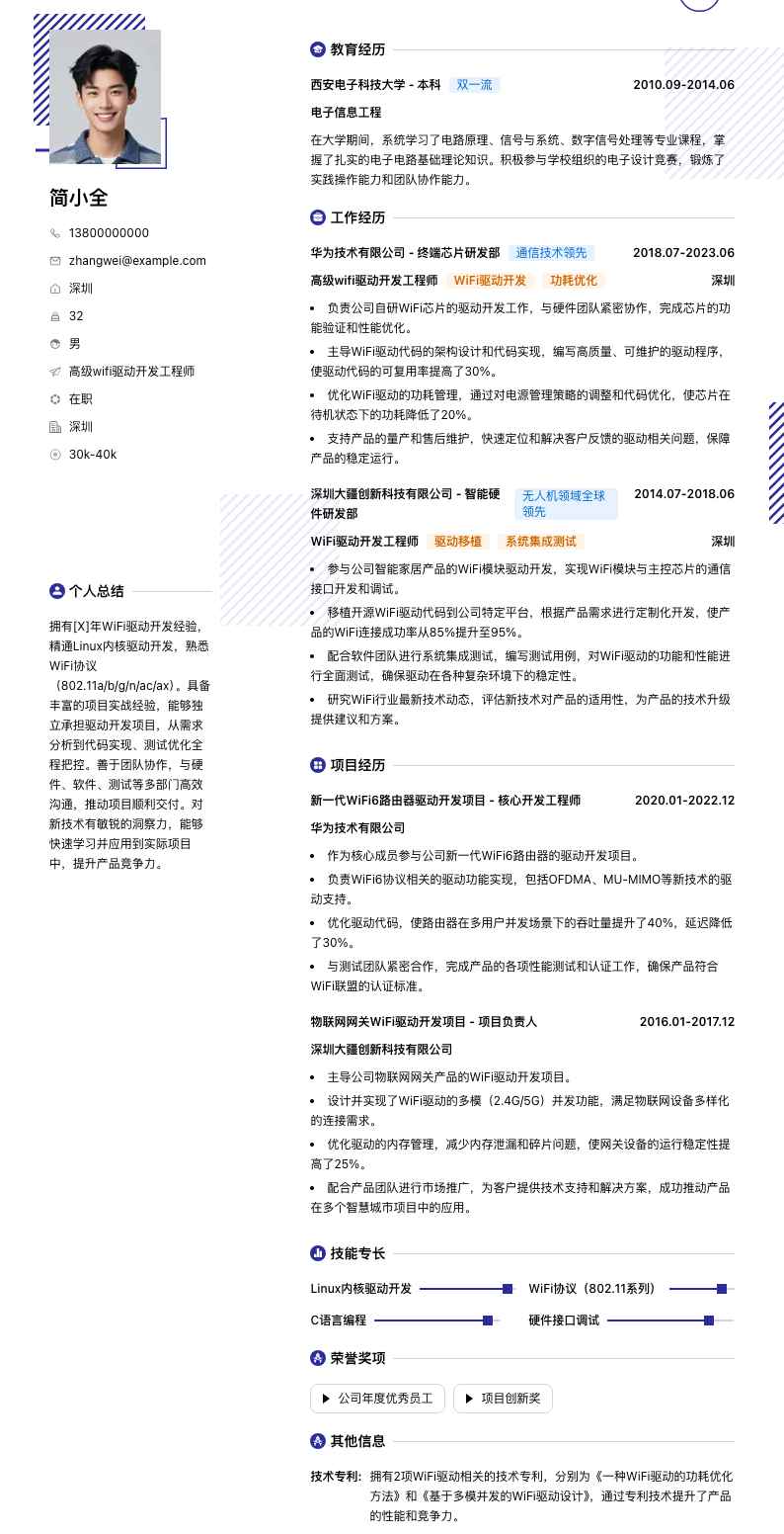 高级wifi驱动开发工程师简历模板
