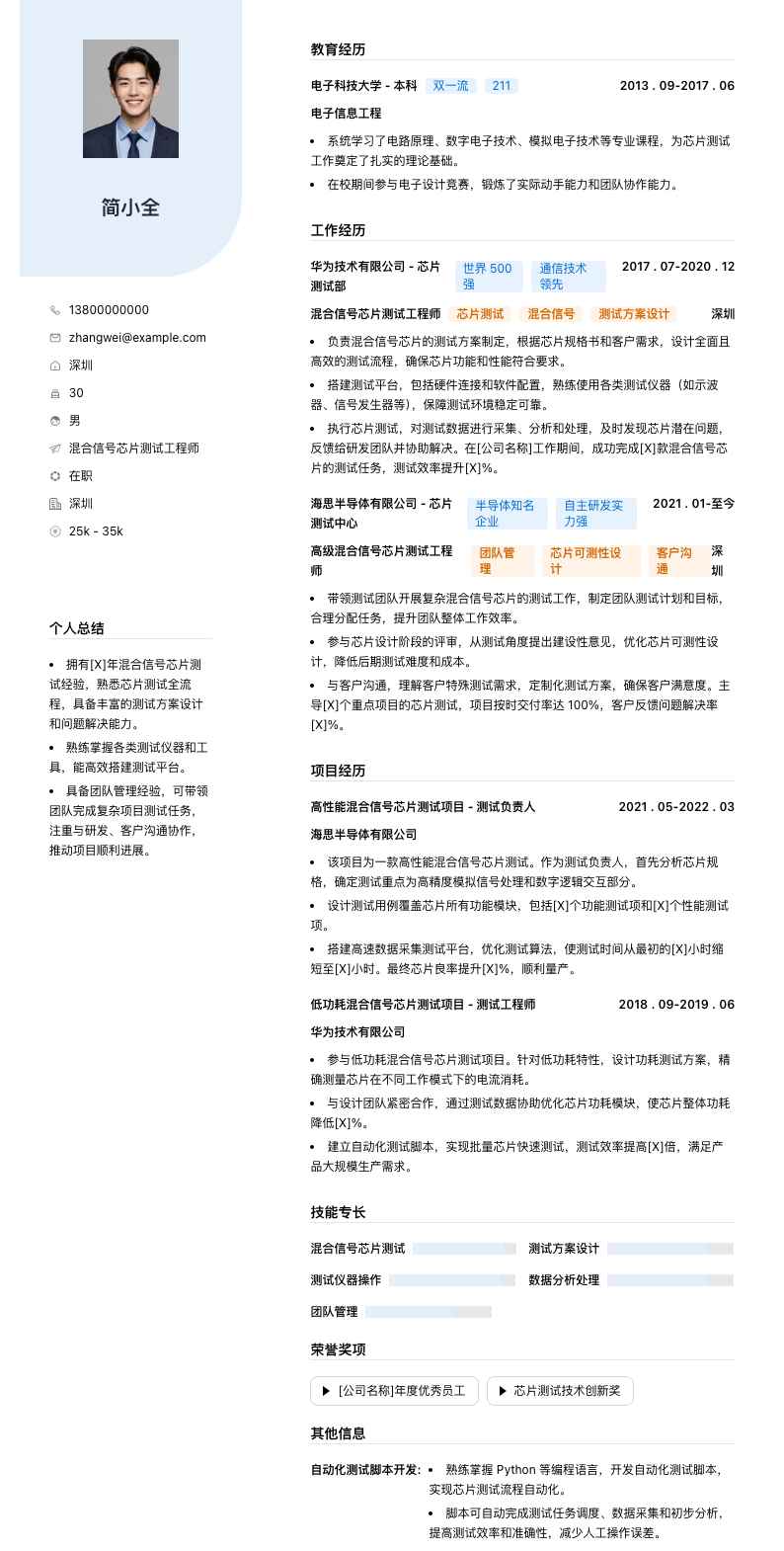 混合信号芯片测试工程师简历模板