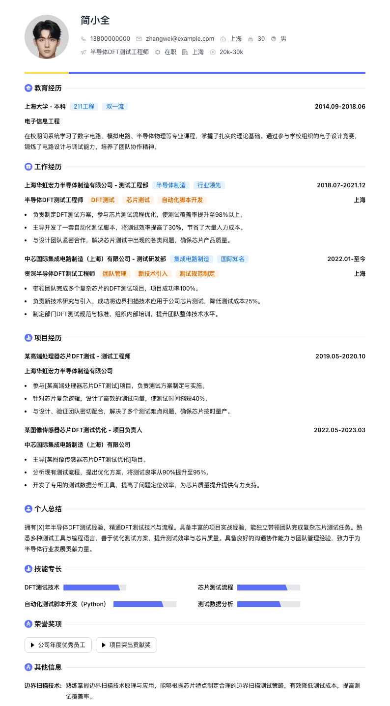 半导体DFT测试工程师简历模板