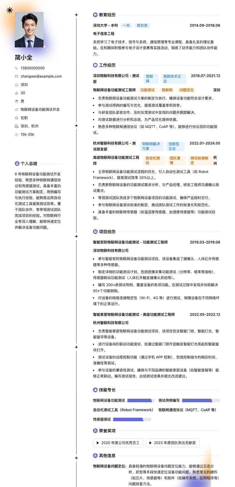 物联网设备功能测试简历模板