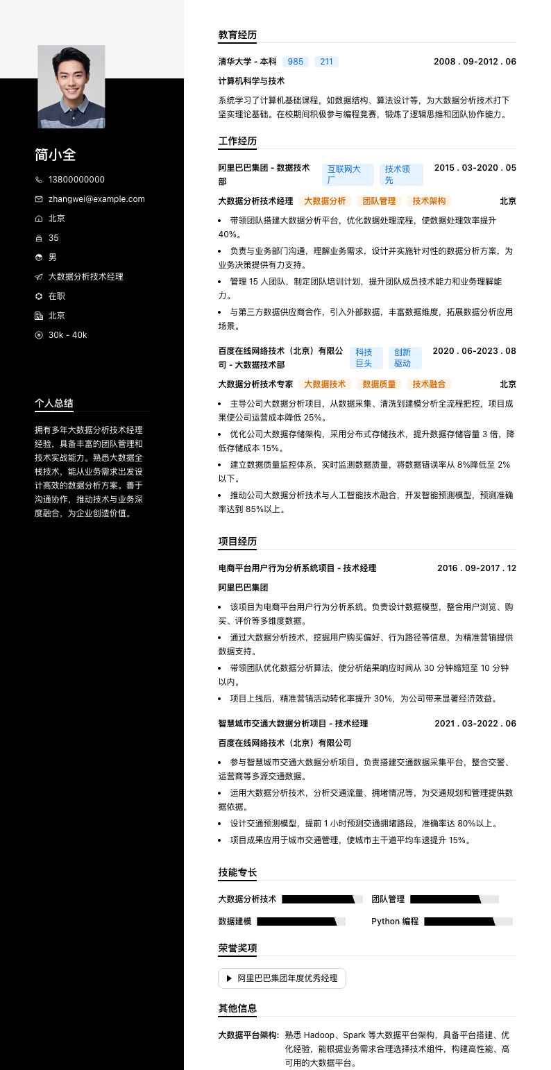 大数据分析技术经理简历模板
