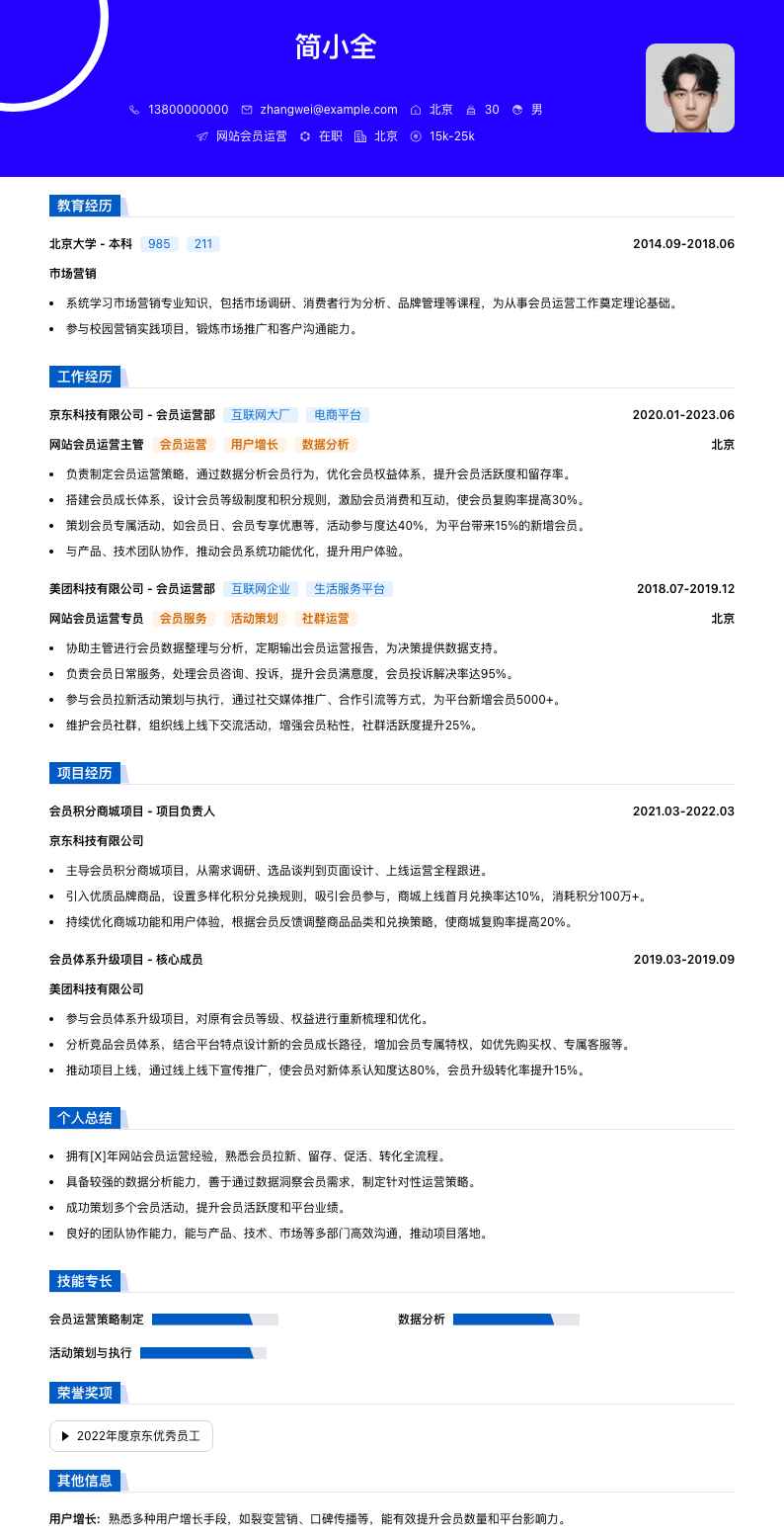网站会员运营简历模板