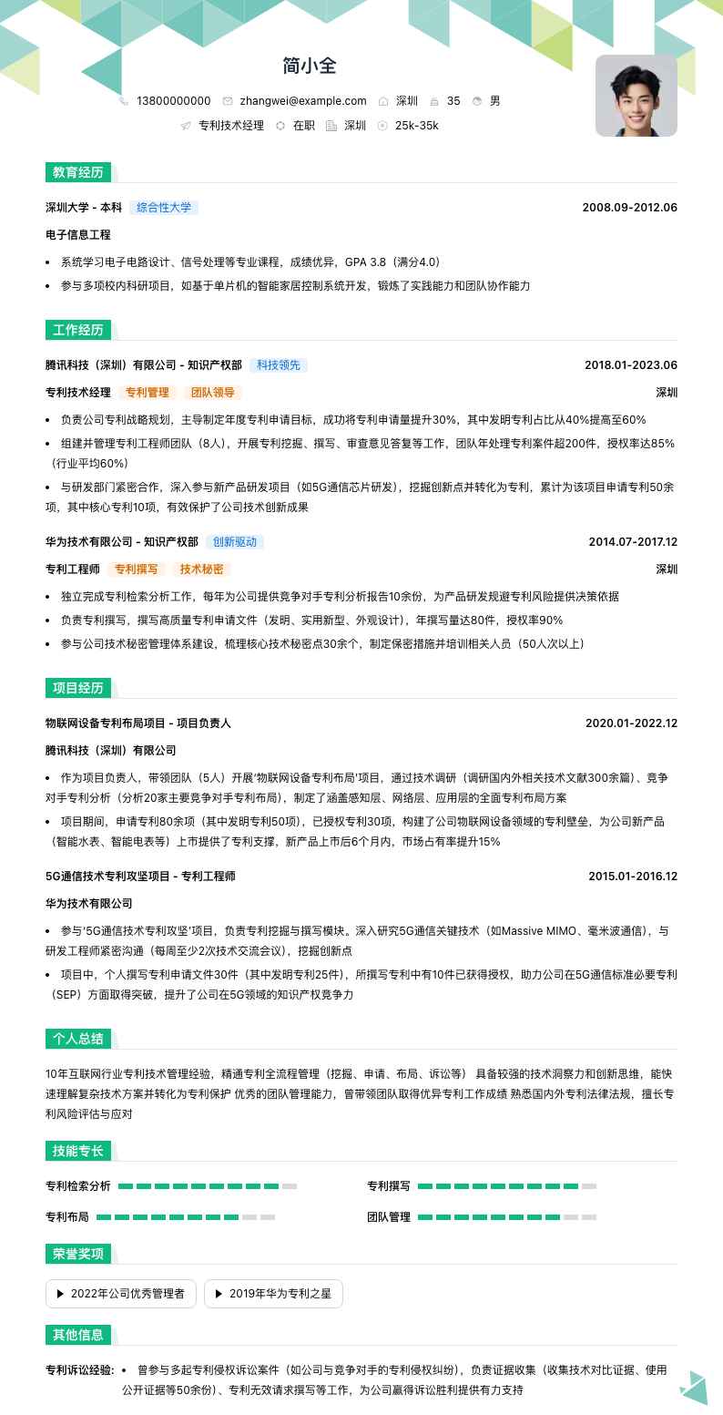 专利技术经理简历模板