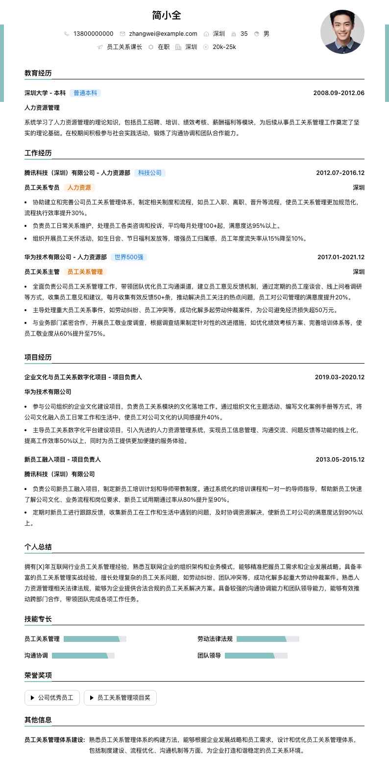 员工关系课长简历模板