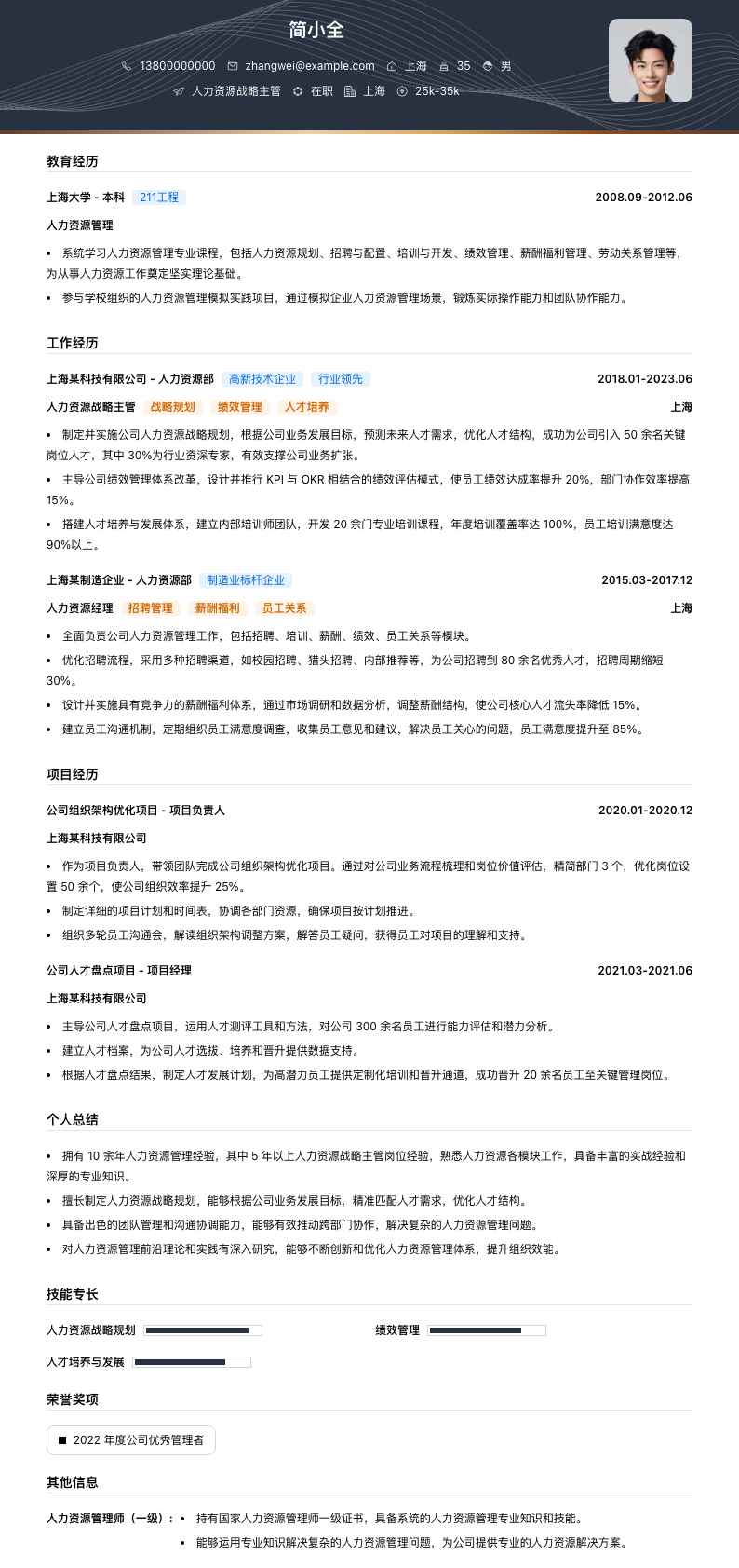 人力资源战略主管简历模板