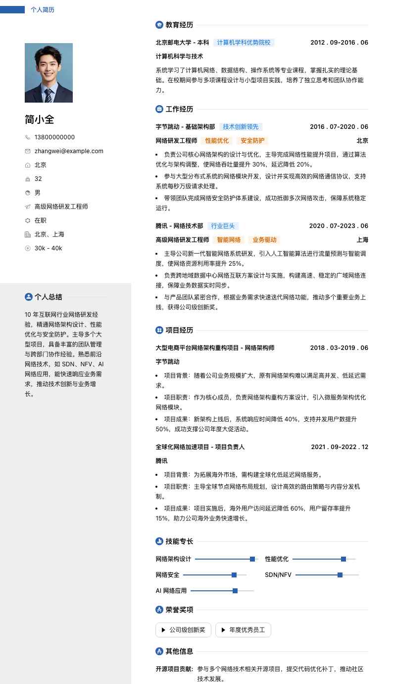 高级网络研发工程师简历模板