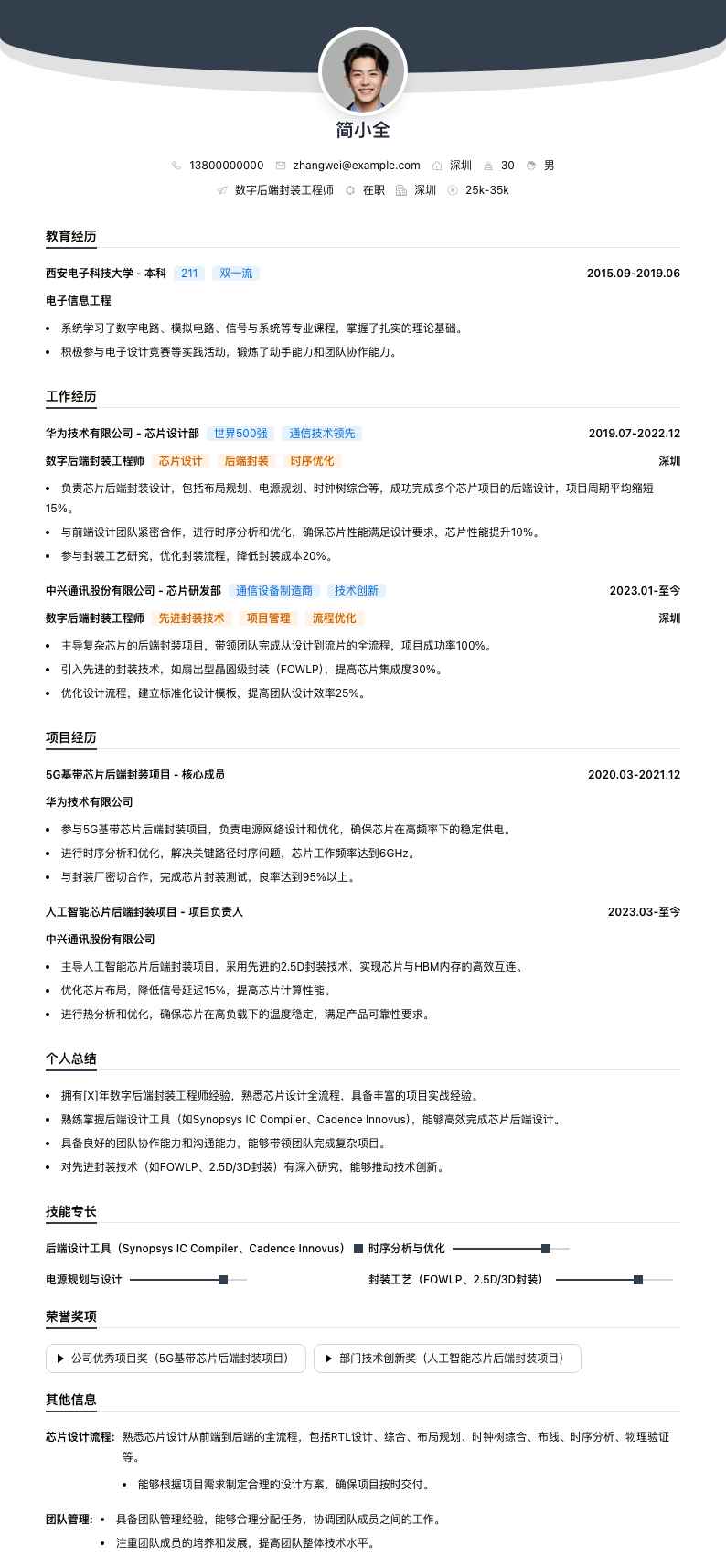 数字后端封装工程师简历模板