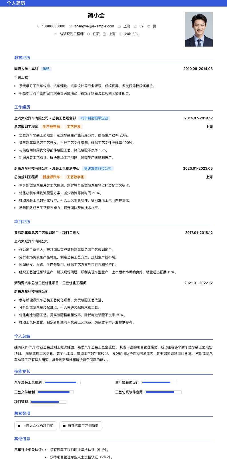 总装规划工程师简历模板