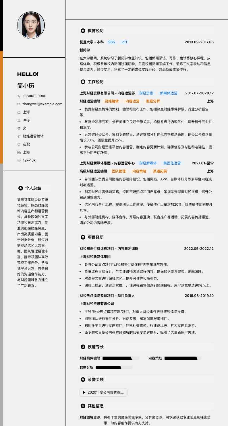 财经运营编辑简历模板
