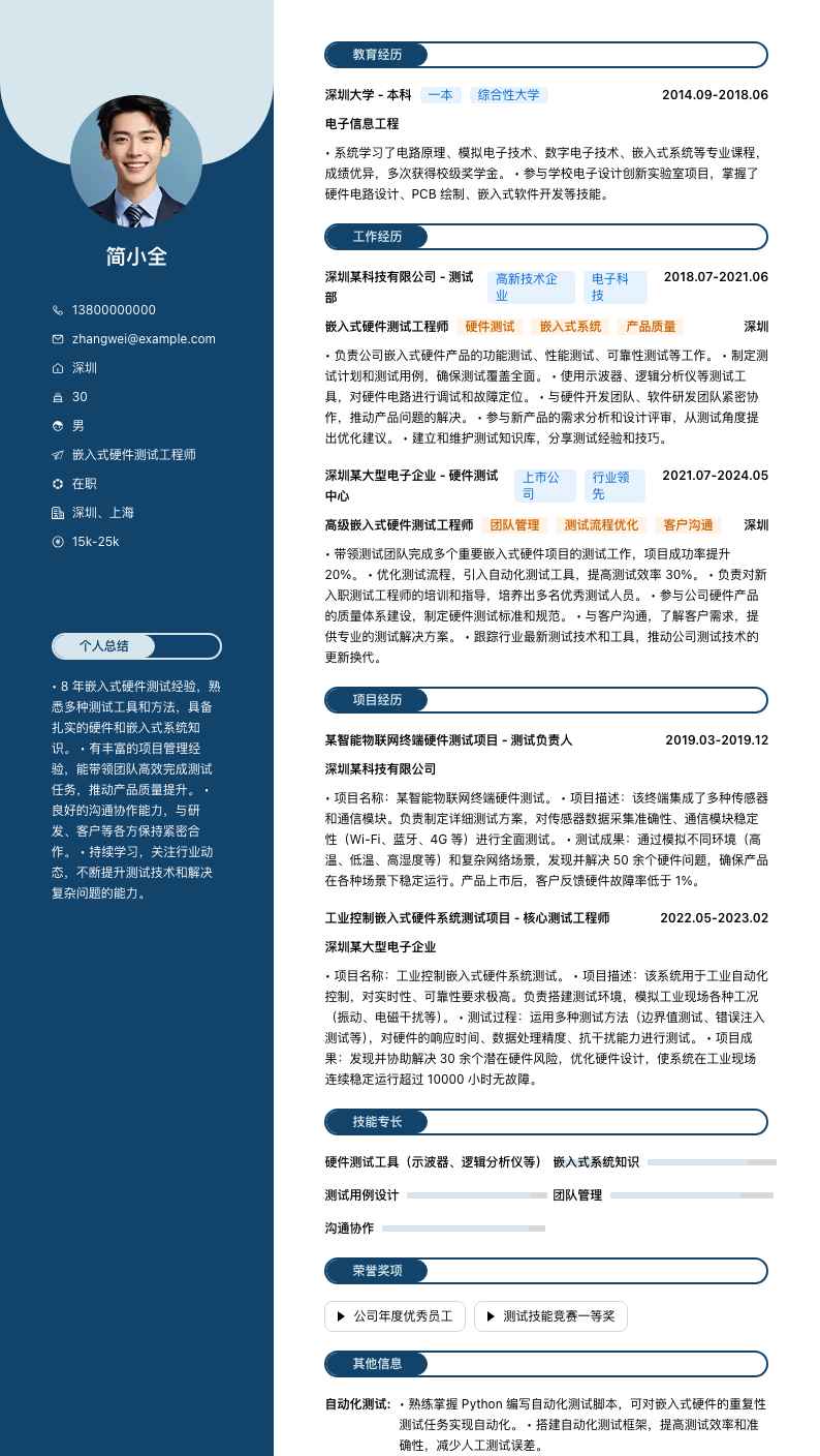 嵌入式硬件测试工程师简历模板