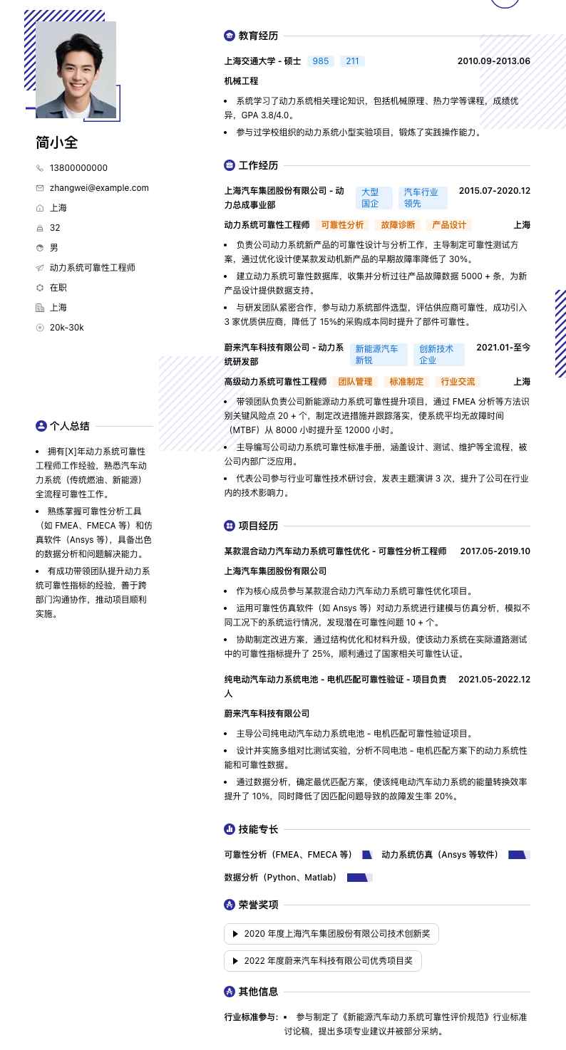 动力系统可靠性工程师简历模板