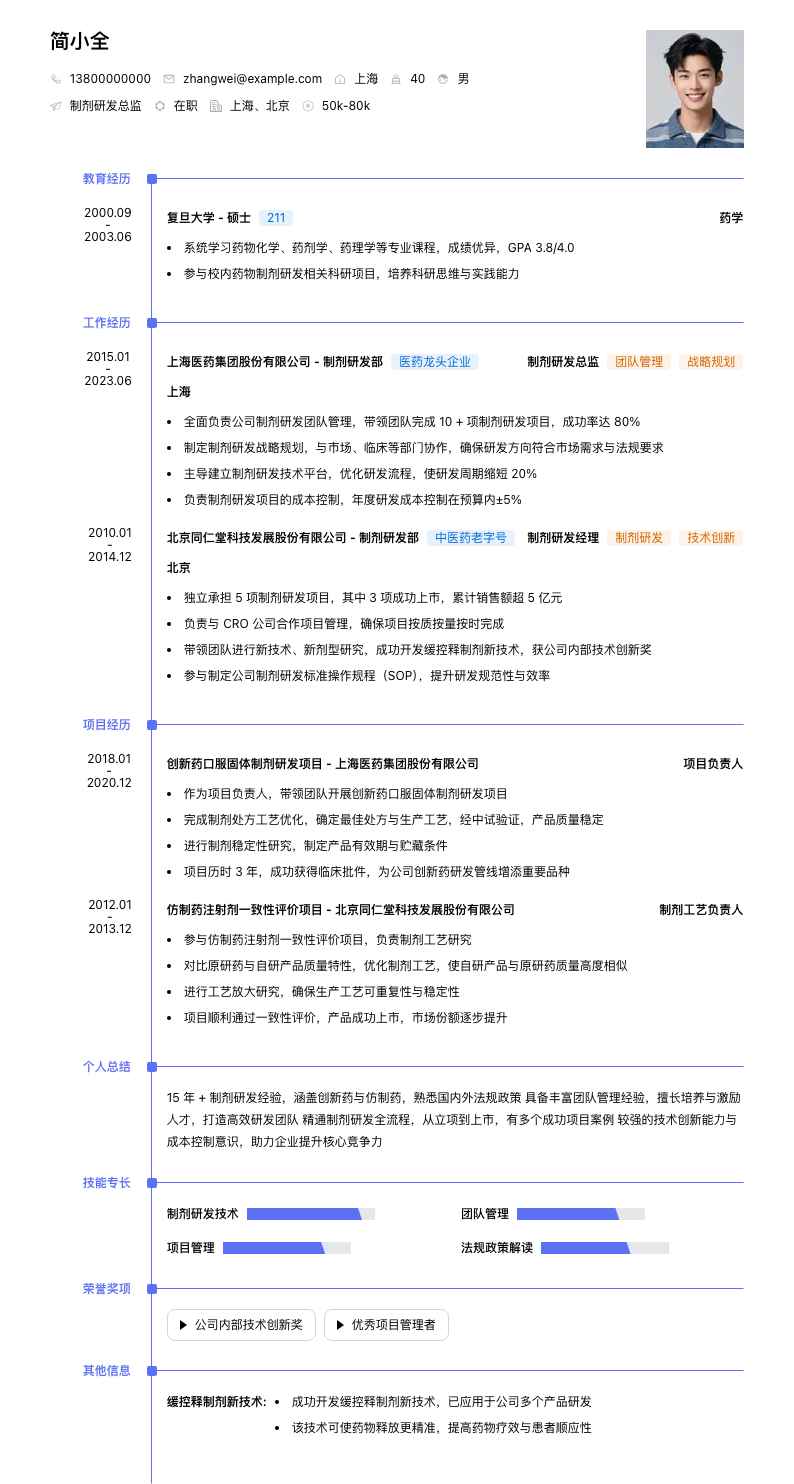 制剂研发总监简历模板