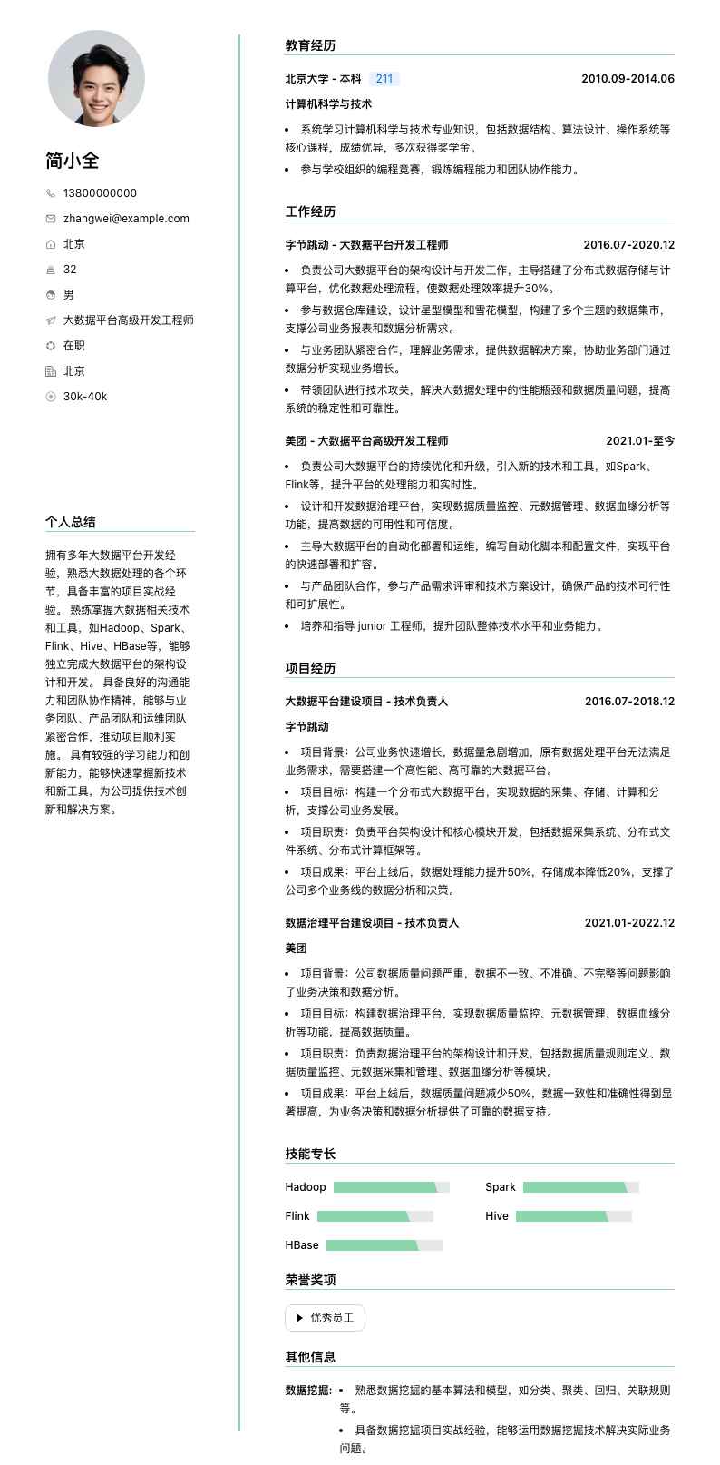 大数据平台高级开发工程师简历模板