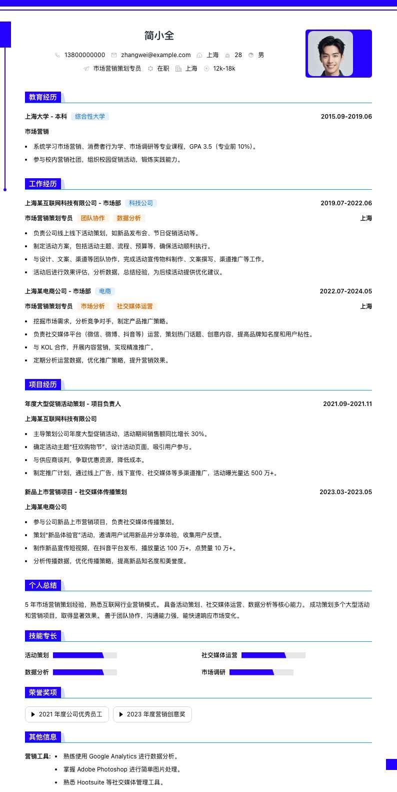 市场营销策划专员简历模板