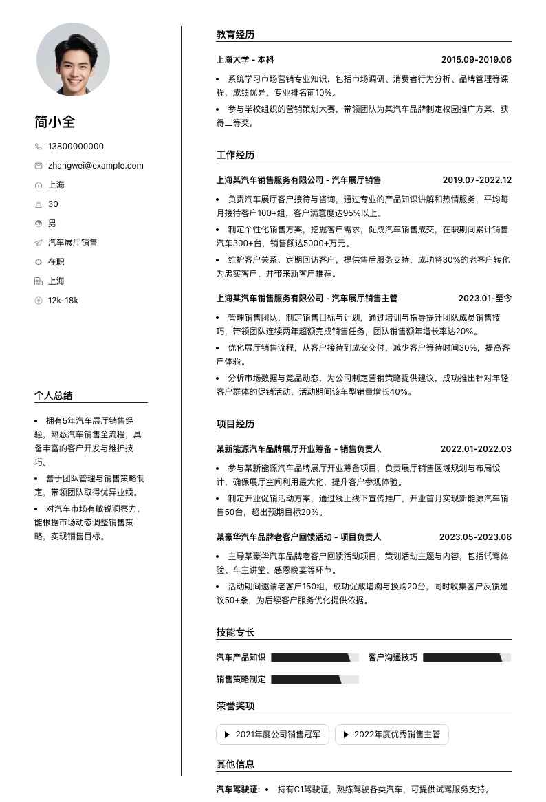 汽车展厅销售简历模板