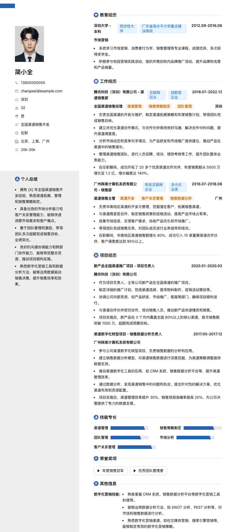 全国渠道销售简历模板