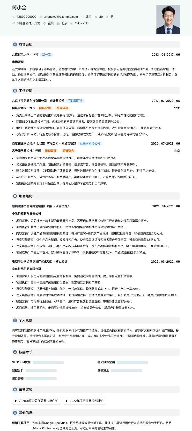 网络营销推广简历模板
