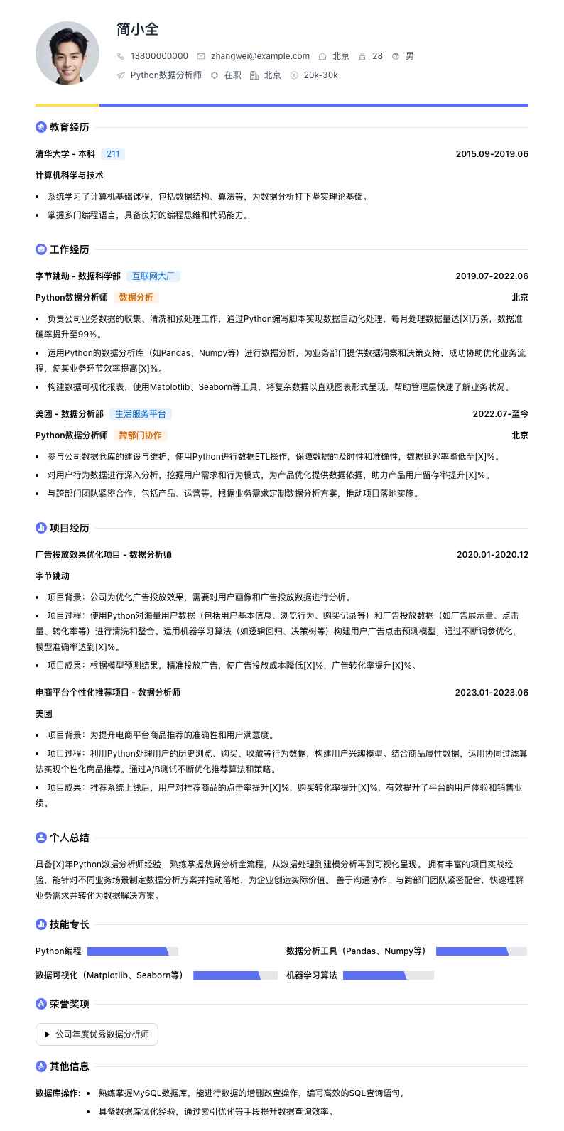 python数据分析师简历模板