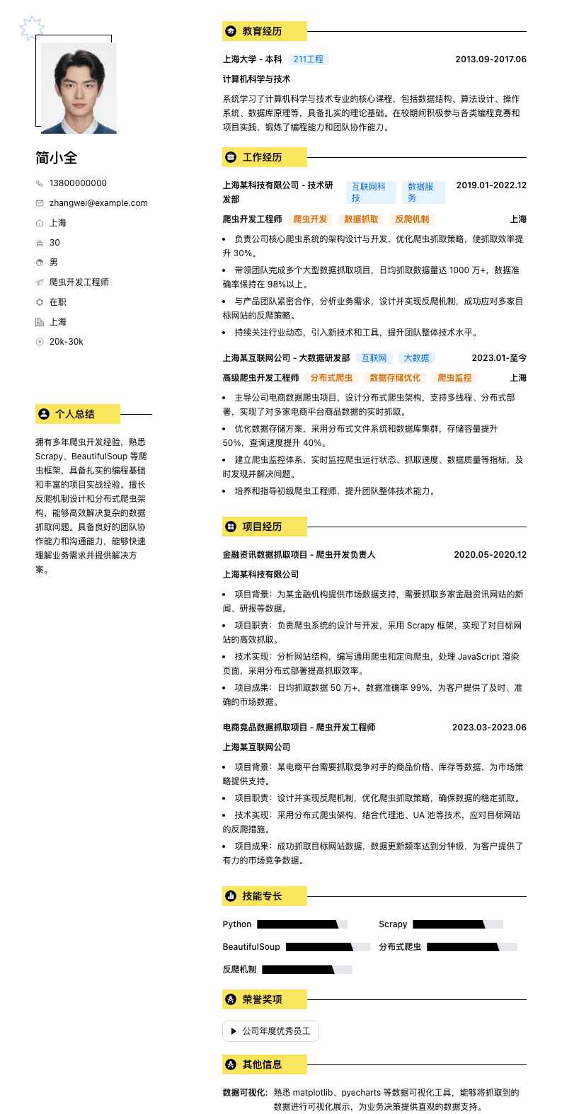 爬虫开发工程师简历模板