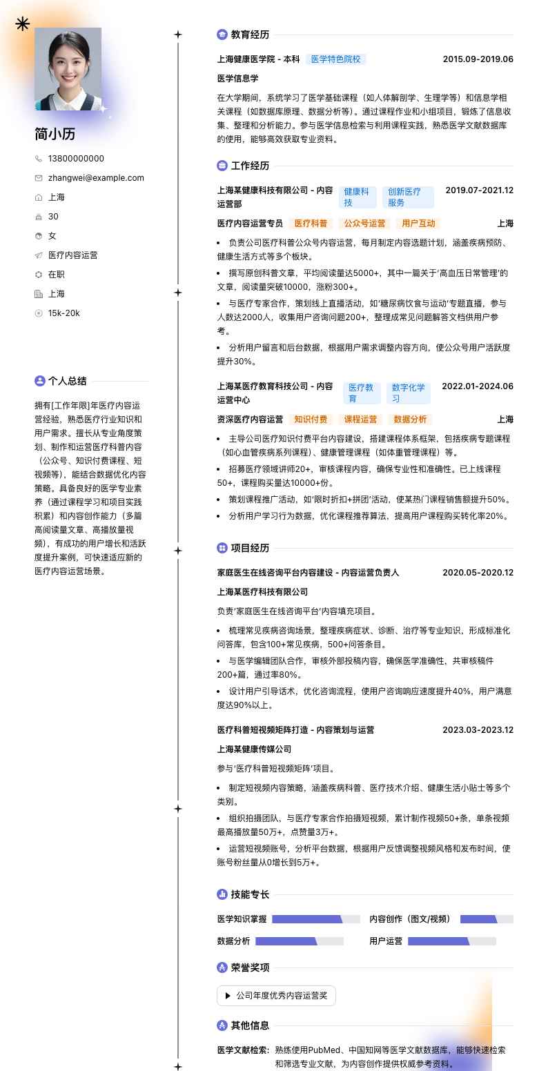 医疗内容运营简历模板