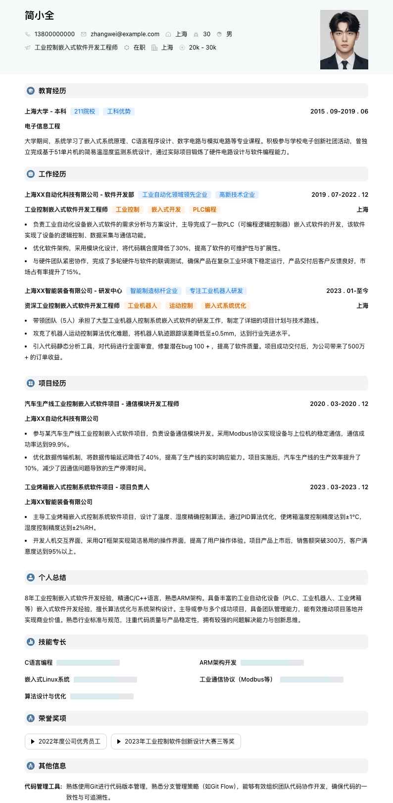 工业控制嵌入式软件开发工程师简历模板