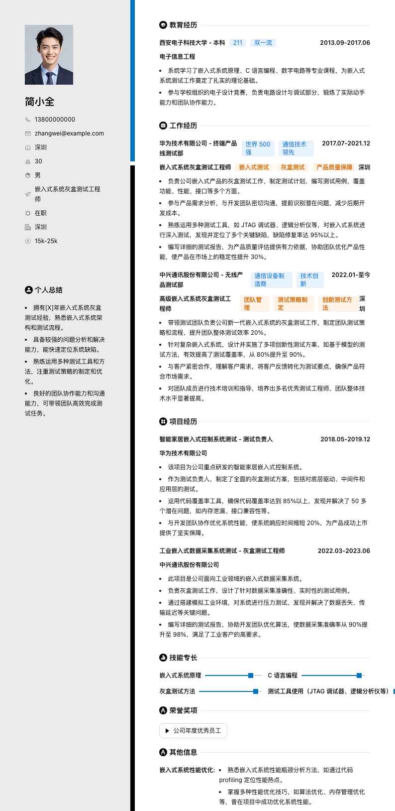 嵌入式系统灰盒测试工程师简历模板
