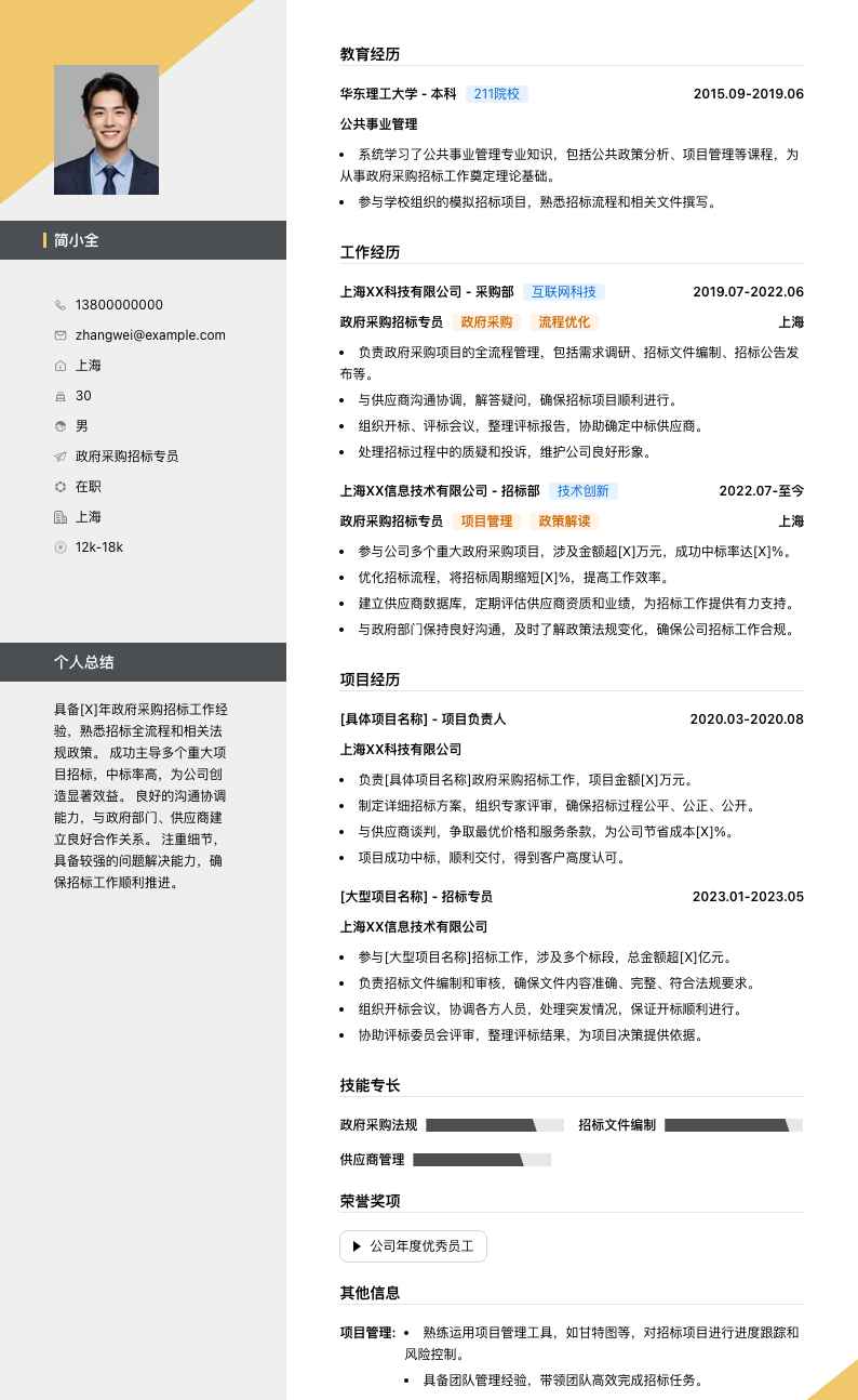 政府采购招标专员简历模板